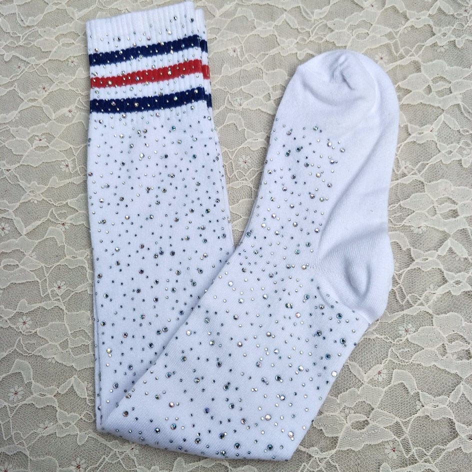 My Socks Blanc Bandes Bleues & Rouges / Unique Cuissarde Chaussette Paillette