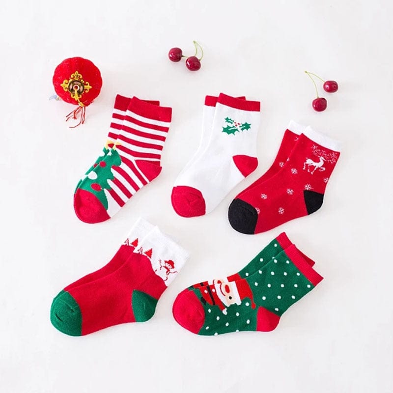 MySocks Chaussettes Rouge-Blanc-Vert / 5 Paires / 2-5 ans Chaussettes de Noël Enfant